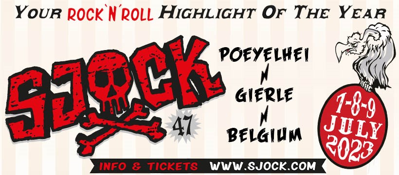 , Affiche voor Sjock is compleet met toevoeging van elf namen o.a. The Hellacopters, Legendary Shack Shakers, No Fun At All, Stiff Richards&#8230;